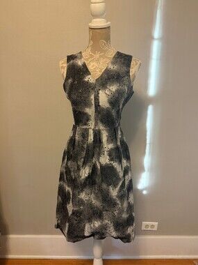 Lela Rose Silk Fit & Flare Dress Black Gray Rhinestone Cowl Size 8